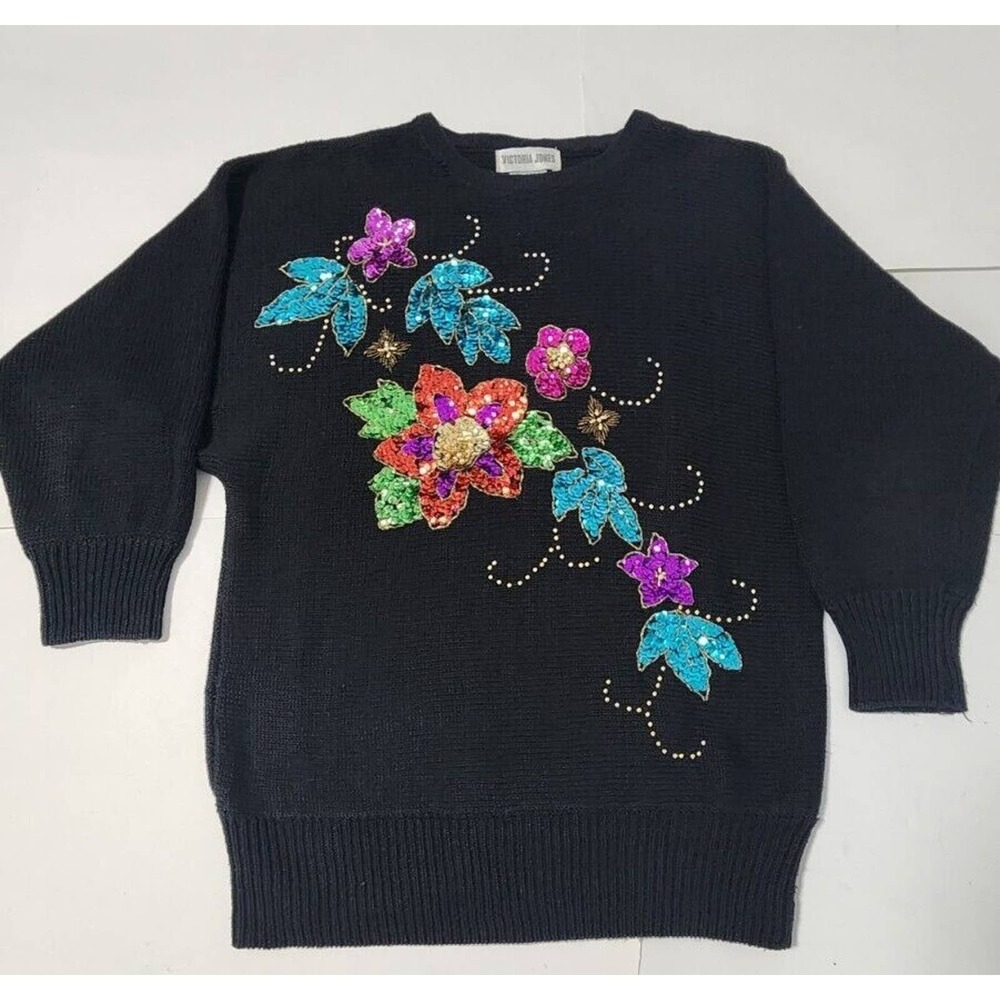 Black Sequin‎ Floral Sweater Embellished Crewneck Sz M Vtg By Victoria Jones